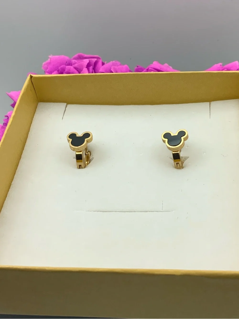 Gold-Tone Hoop Earrings with Black Enamel Mickey-Shaped Fronts - Women Jewelry